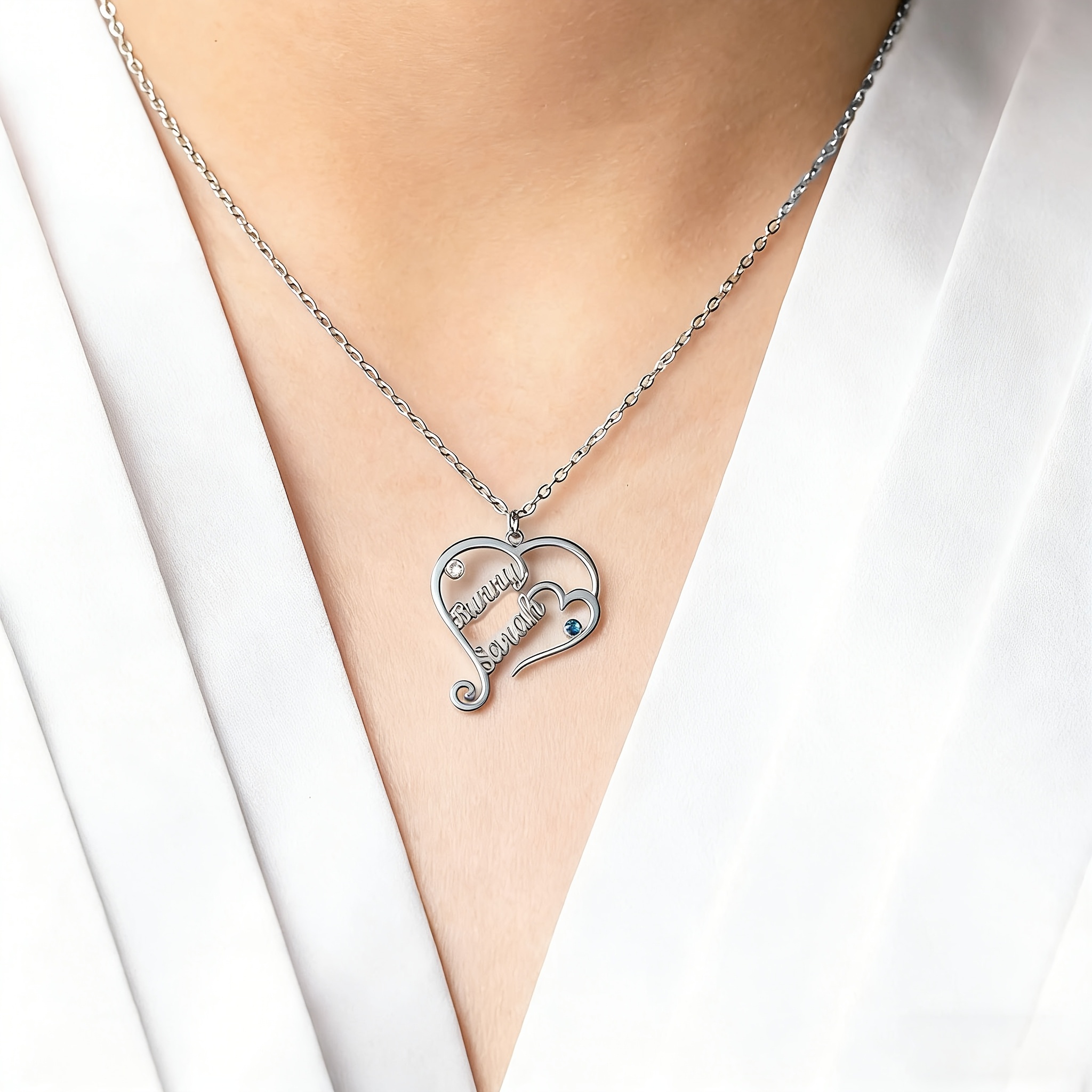 Customized Double Name Necklace with Birthstones